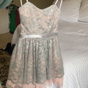 lace fit and flare strapless mini dress